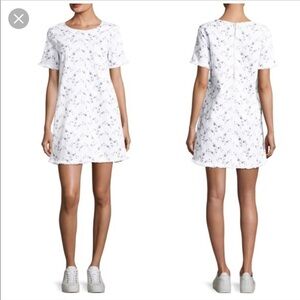 Current/Elliott white with blue floral print raw hem jean shift dress. Size 6